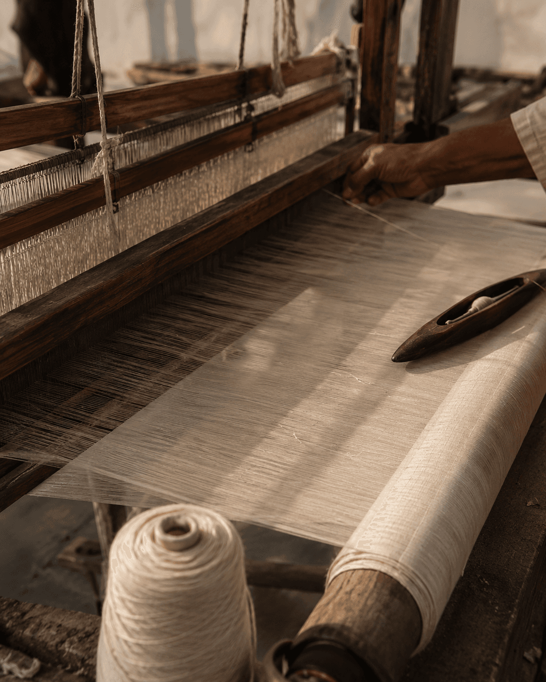 Close view of delicate ivory fabric and craft