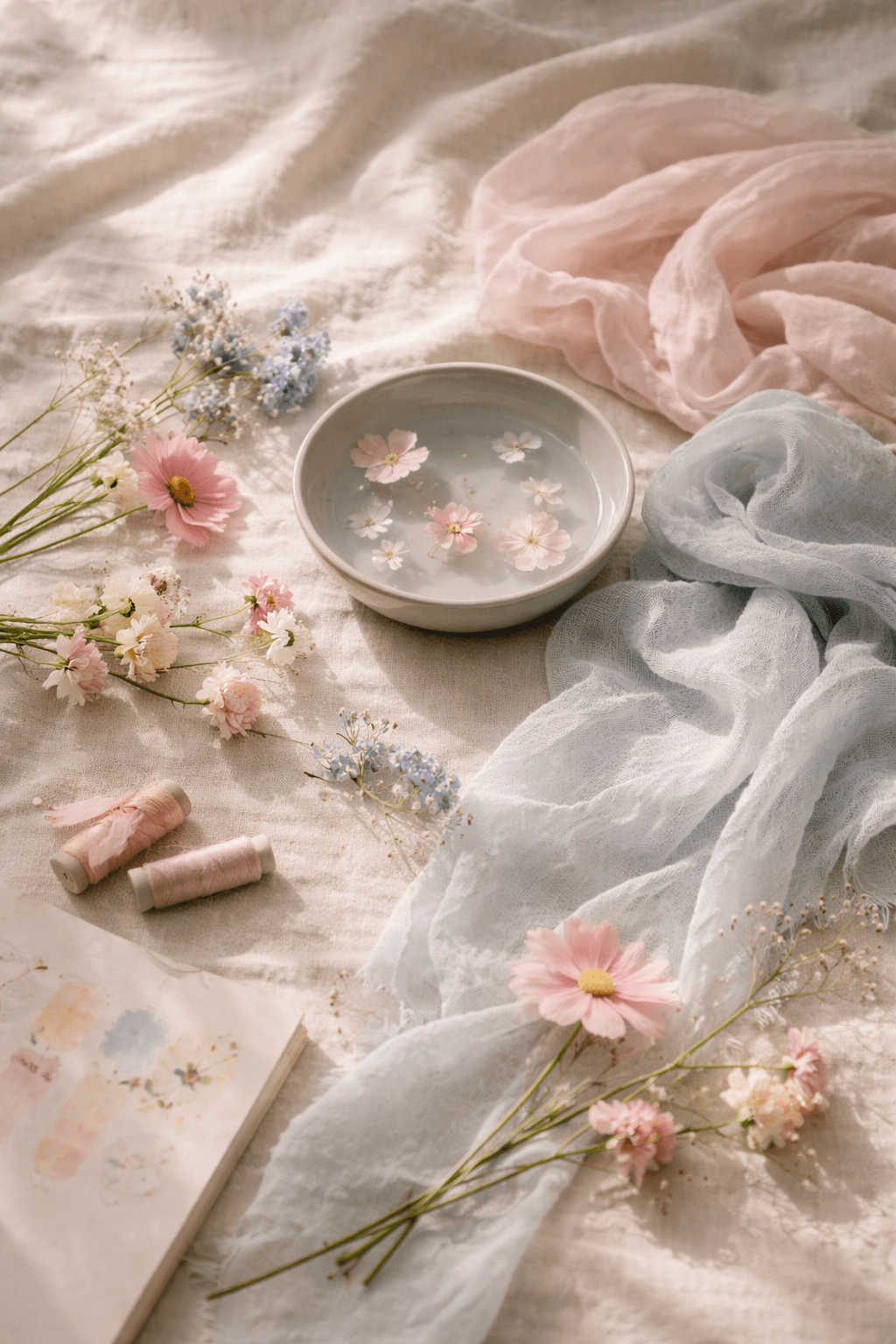 Soft fabrics, flowers and natural craft details in warm sunlight